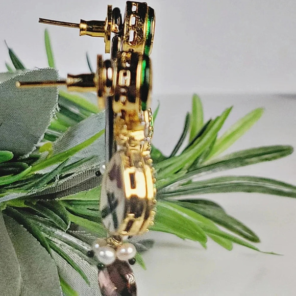 Statement Cocktail Earrings Dangle Drop Pierced Purple Green Delicate Pe… - Picture 5 of 12